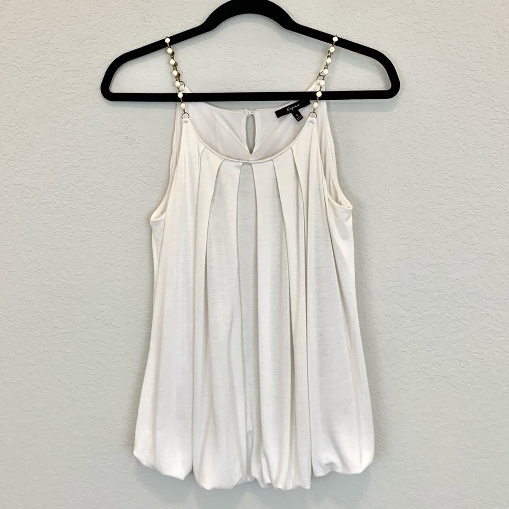 Express bubble pleated white tank top chain beaded straps